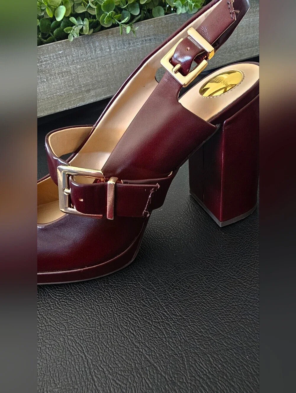 Gianni Bini Leather Maroon Block Heel Slingback Pumps Shoes Women's Sz 9